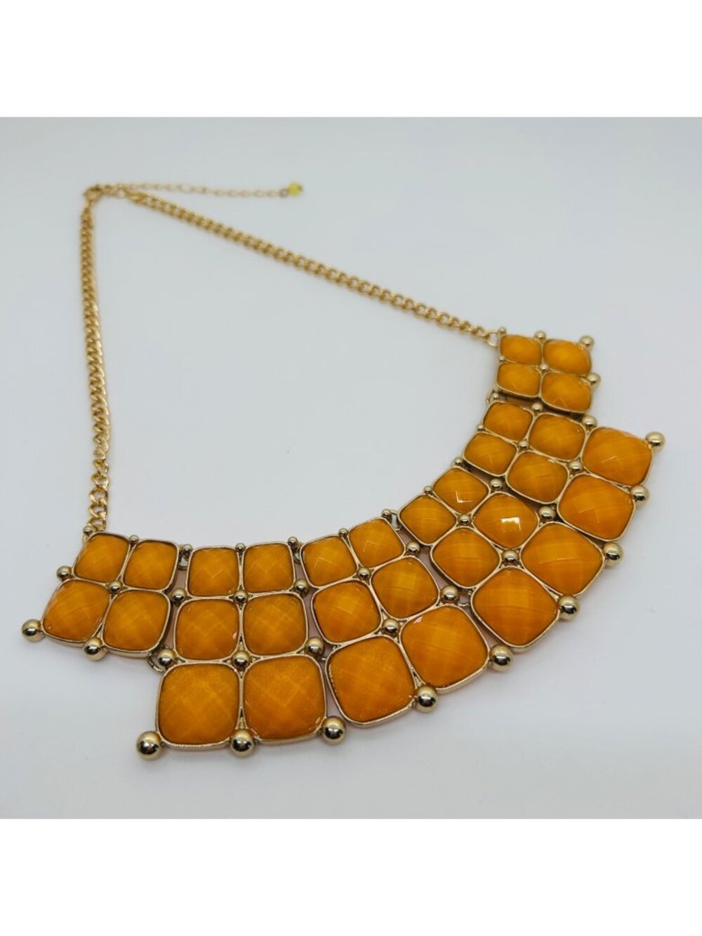 Statement Necklace Gold Tone Resin Square Tiered Bib Orange Sunset Vintage